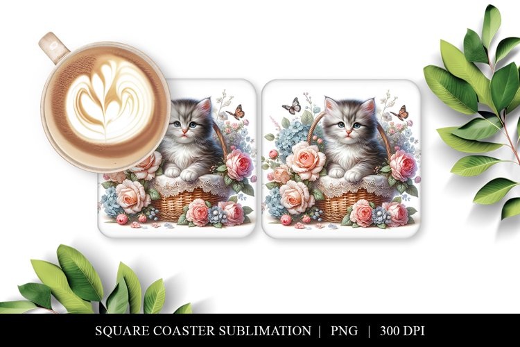 Kitten Square Coaster | Spring Floral Sublimation PNG