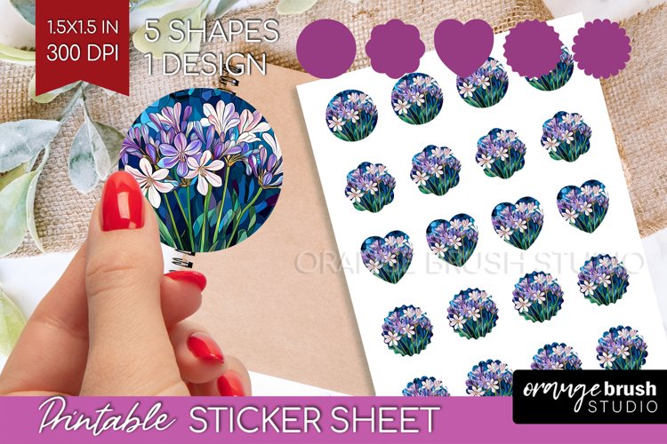 Stained Glass Flowers Round Sticker - Floral Printable Sheet example image 1