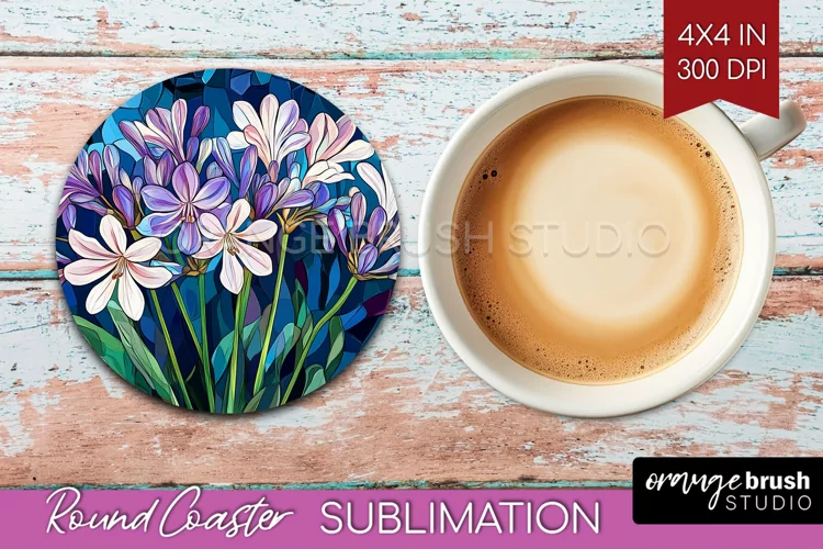 Stained Glass Flowers Round Coaster - Floral Coaster PNG