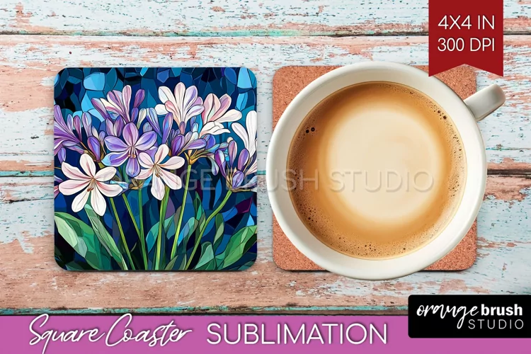 Stained Glass Flowers Square Coaster - Floral Coaster PNG