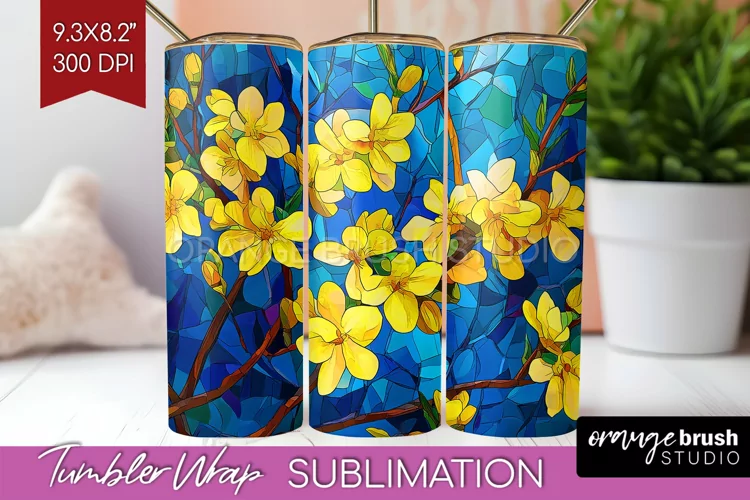 Stained Glass Flowers Tumbler Wrap - Floral Tumbler PNG