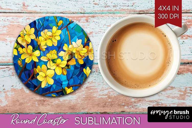 Stained Glass Flowers Round Coaster - Floral Coaster PNG