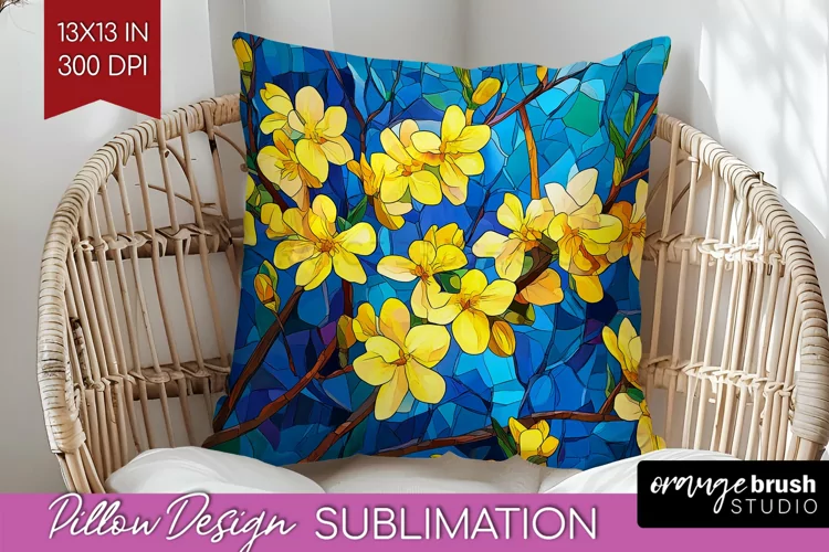 Stained Glass Flowers Pillow Sublimation - Floral Pillow PNG