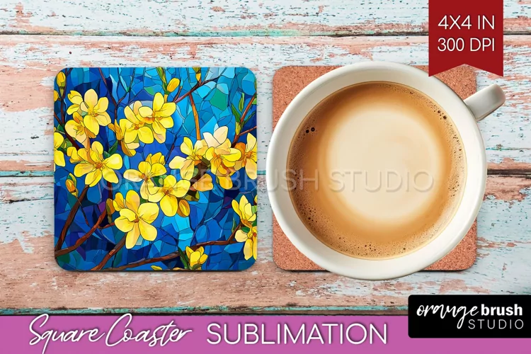 Stained Glass Flowers Square Coaster - Floral Coaster PNG
