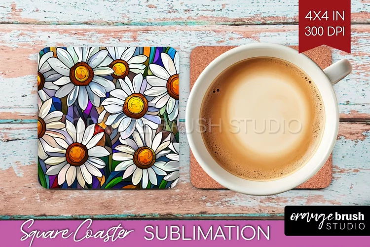 Stained Glass Flowers Square Coaster - Floral Coaster PNG