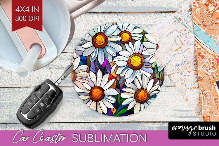 Stained Glass Flowers Car Coaster - Floral Coaster PNG