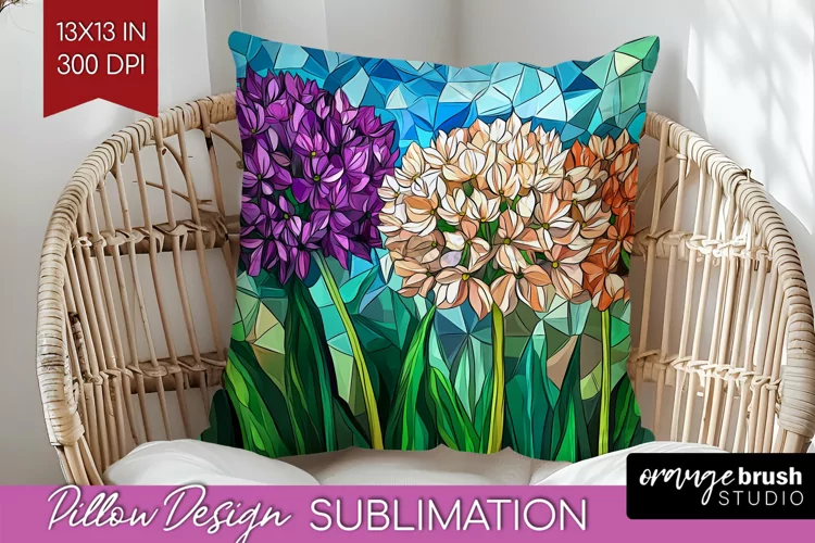 Stained Glass Flowers Pillow Sublimation - Floral Pillow PNG