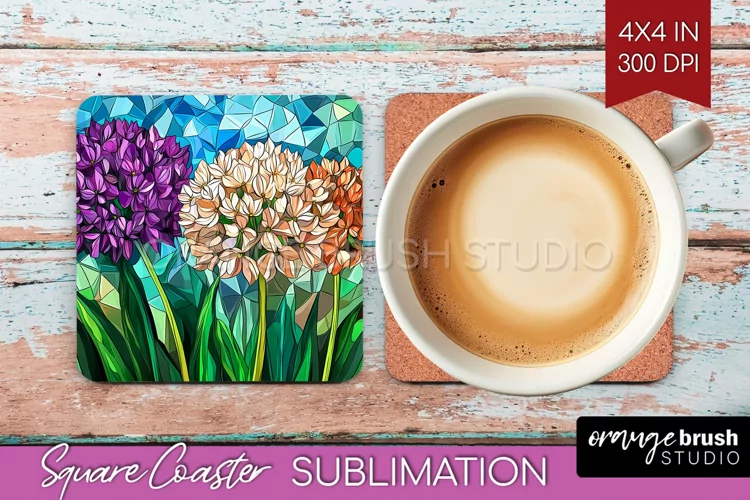 Stained Glass Flowers Square Coaster - Floral Coaster PNG
