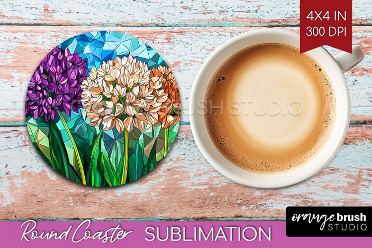 Stained Glass Flowers Round Coaster - Floral Coaster PNG example image 1