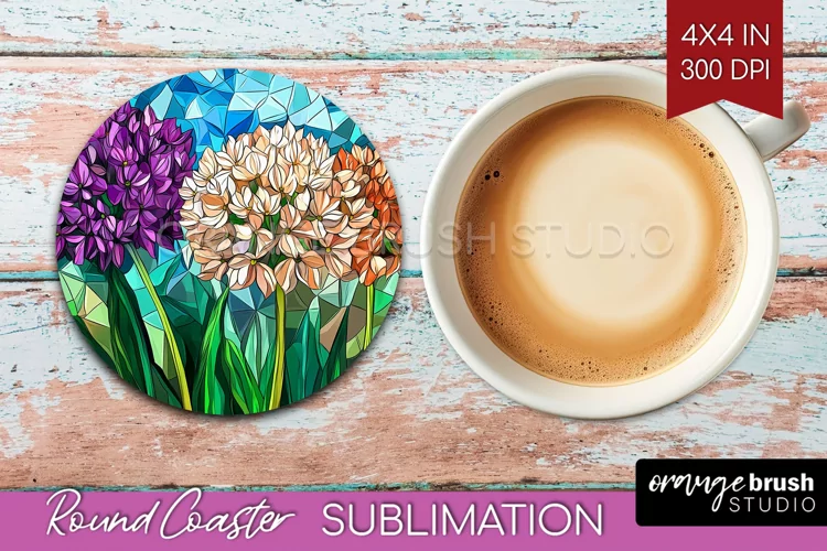 Stained Glass Flowers Round Coaster - Floral Coaster PNG