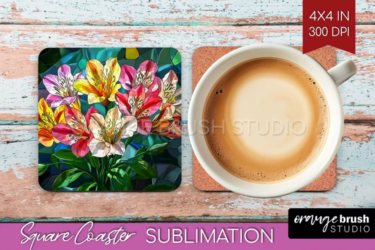 Stained Glass Flowers Square Coaster - Floral Coaster PNG