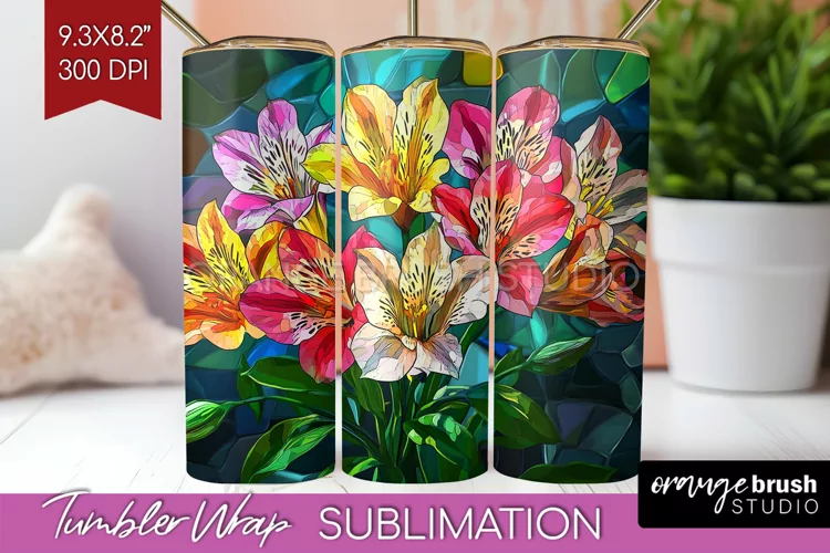 Stained Glass Flowers Tumbler Wrap - Floral Tumbler PNG