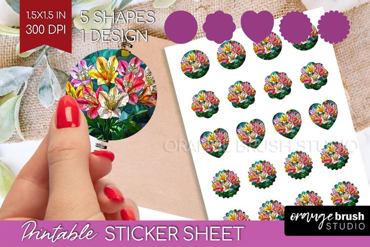 Stained Glass Flowers Round Sticker - Floral Printable Sheet
