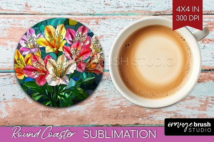 Stained Glass Flowers Round Coaster - Floral Coaster PNG