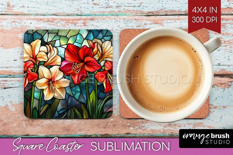 Stained Glass Flowers Square Coaster - Floral Coaster PNG