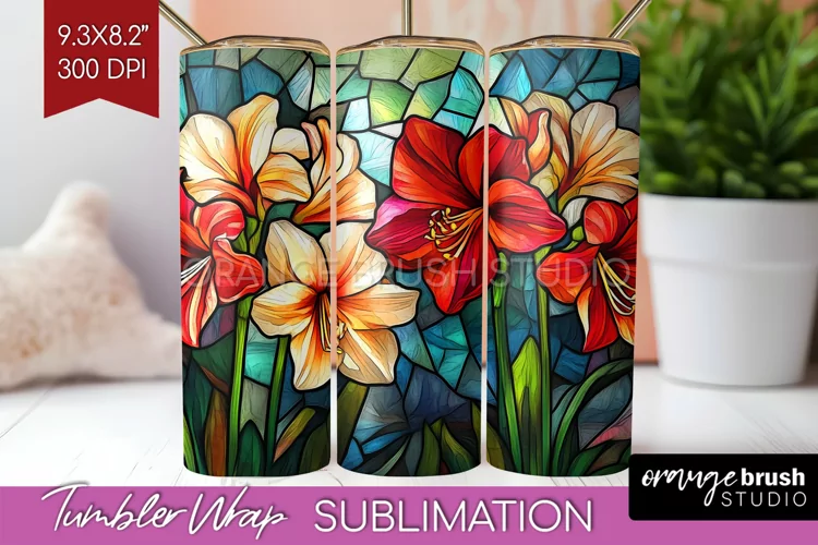 Stained Glass Flowers Tumbler Wrap - Floral Tumbler PNG