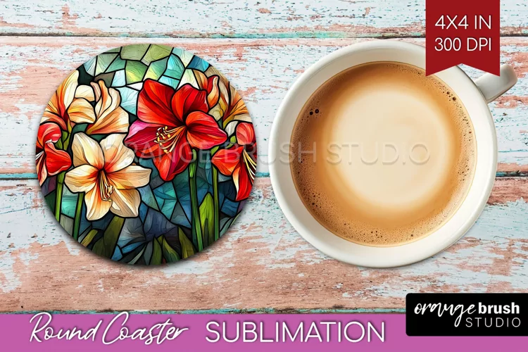 Stained Glass Flowers Round Coaster - Floral Coaster PNG