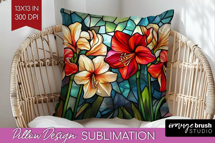 Stained Glass Flowers Pillow Sublimation - Floral Pillow PNG
