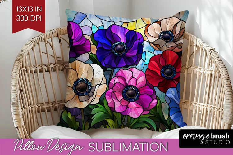 Stained Glass Flowers Pillow Sublimation - Floral Pillow PNG
