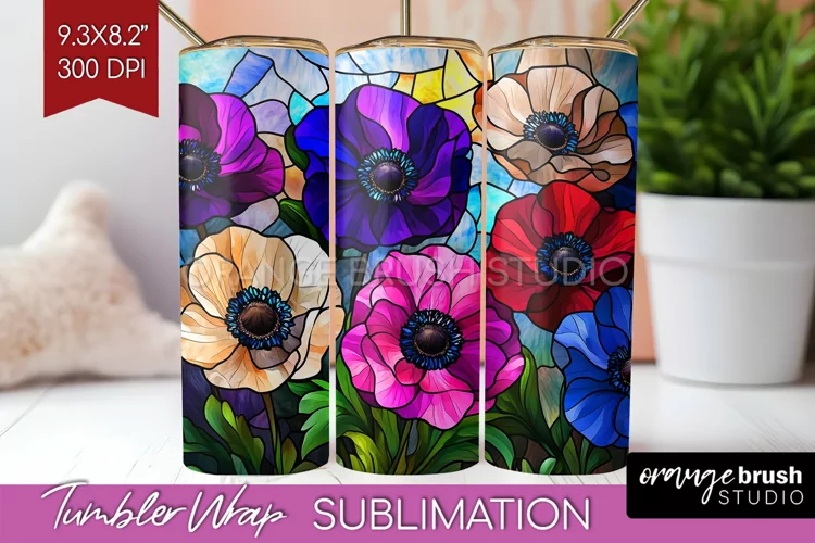 Stained Glass Flowers Tumbler Wrap - Floral Tumbler PNG