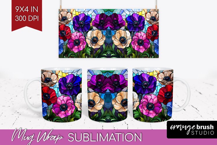 Stained Glass Flowers Mug Wrap - Floral Mug PNG Sublimation