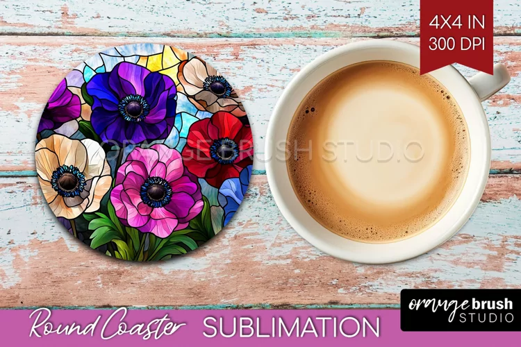 Stained Glass Flowers Round Coaster - Floral Coaster PNG
