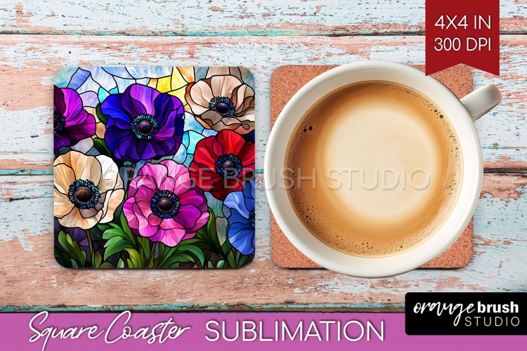 Stained Glass Flowers Square Coaster - Floral Coaster PNG example image 1