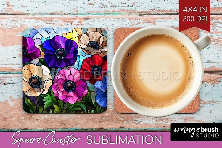 Stained Glass Flowers Square Coaster - Floral Coaster PNG