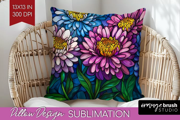 Stained Glass Flowers Pillow Sublimation - Floral Pillow PNG