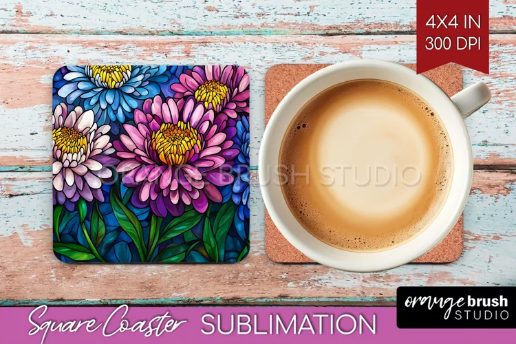 Stained Glass Flowers Square Coaster - Floral Coaster PNG