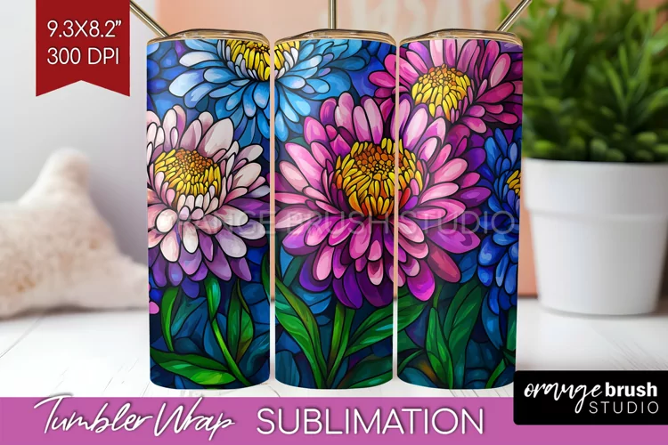 Stained Glass Flowers Tumbler Wrap - Floral Tumbler PNG