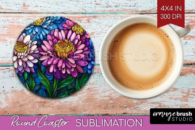 Stained Glass Flowers Round Coaster - Floral Coaster PNG