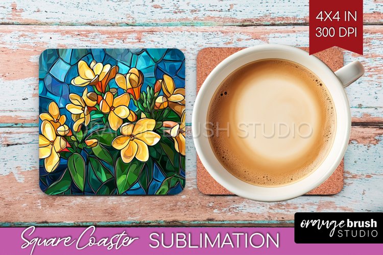 Stained Glass Flowers Square Coaster - Floral Coaster PNG example image 1