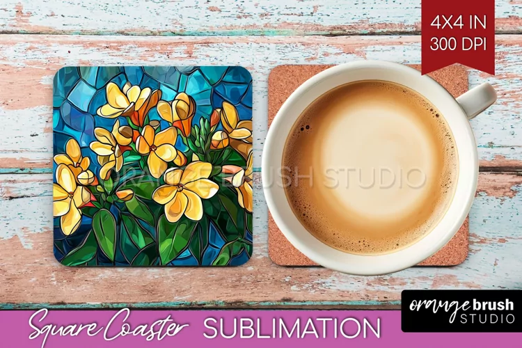 Stained Glass Flowers Square Coaster - Floral Coaster PNG