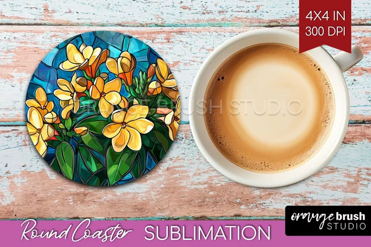 Stained Glass Flowers Round Coaster - Floral Coaster PNG