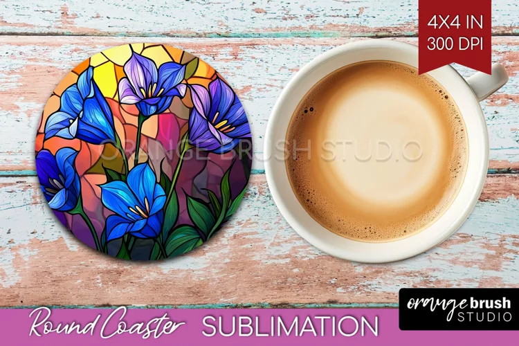 Stained Glass Flowers Round Coaster - Floral Coaster PNG