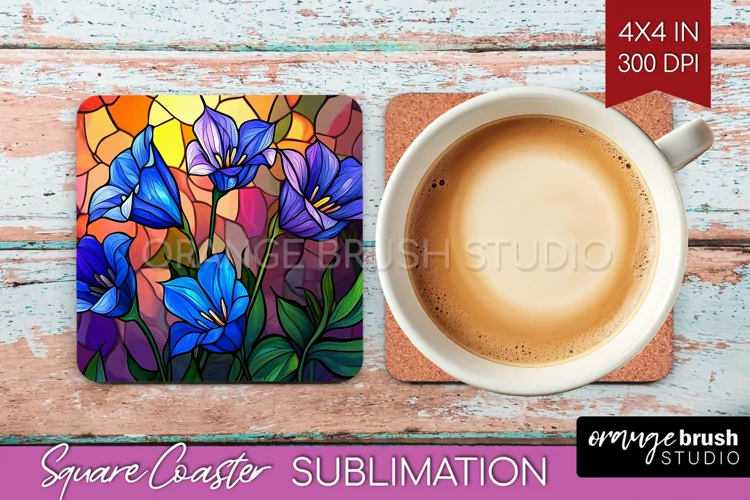 Stained Glass Flowers Square Coaster - Floral Coaster PNG