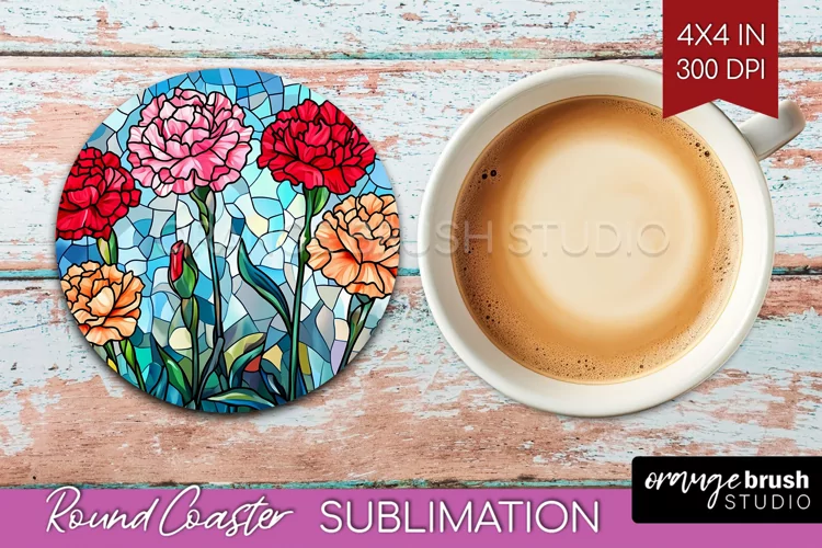 Stained Glass Flowers Round Coaster - Floral Coaster PNG