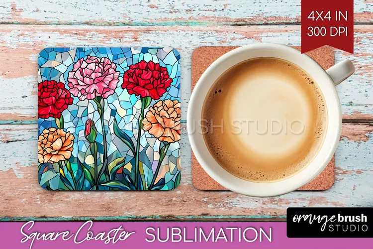 Stained Glass Flowers Square Coaster - Floral Coaster PNG