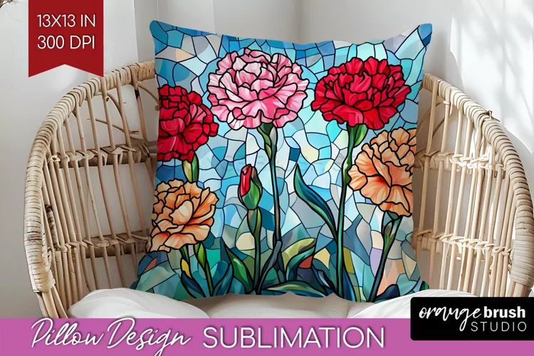 Stained Glass Flowers Pillow Sublimation - Floral Pillow PNG