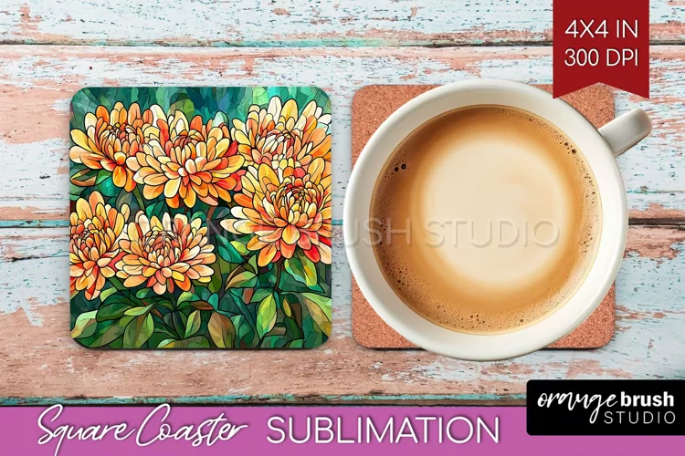 Stained Glass Flowers Square Coaster - Floral Coaster PNG