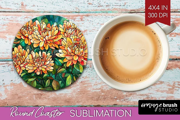Stained Glass Flowers Round Coaster - Floral Coaster PNG