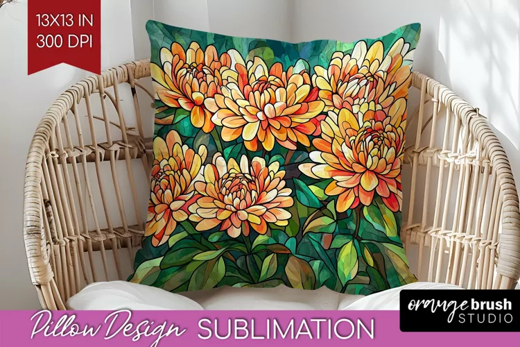 Stained Glass Flowers Pillow Sublimation - Floral Pillow PNG