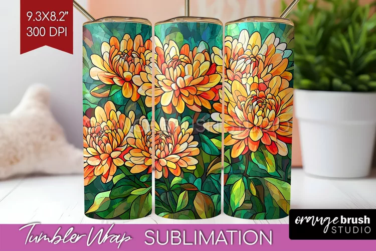 Stained Glass Flowers Tumbler Wrap - Floral Tumbler PNG