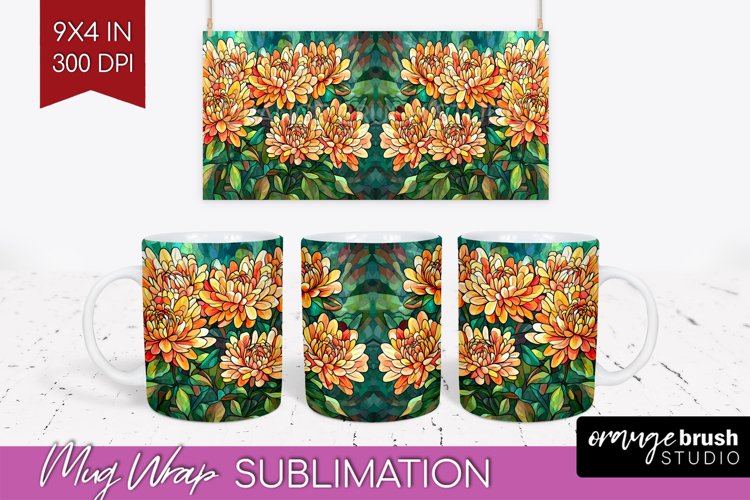 Stained Glass Flowers Mug Wrap - Floral Mug PNG Sublimation
