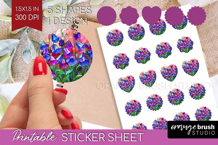 Stained Glass Flowers Round Sticker - Floral Printable Sheet
