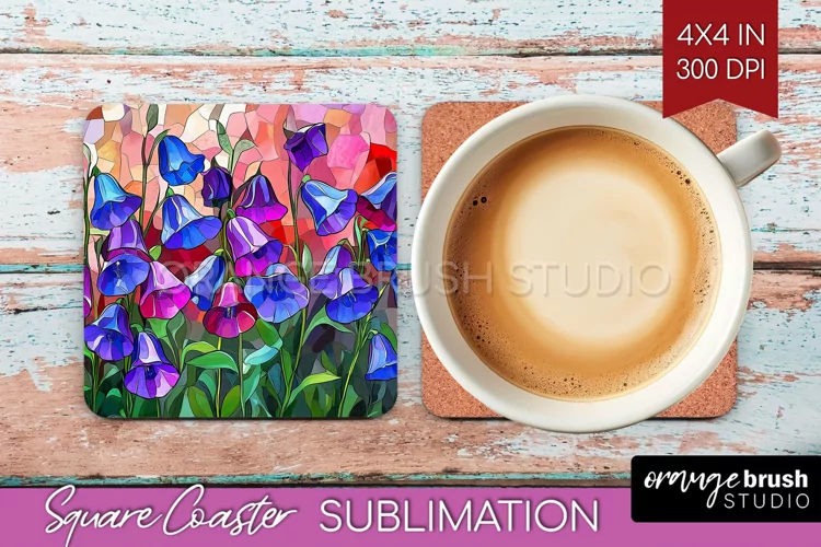 Stained Glass Flowers Square Coaster - Floral Coaster PNG