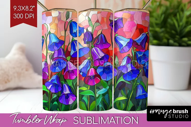 Stained Glass Flowers Tumbler Wrap - Floral Tumbler PNG
