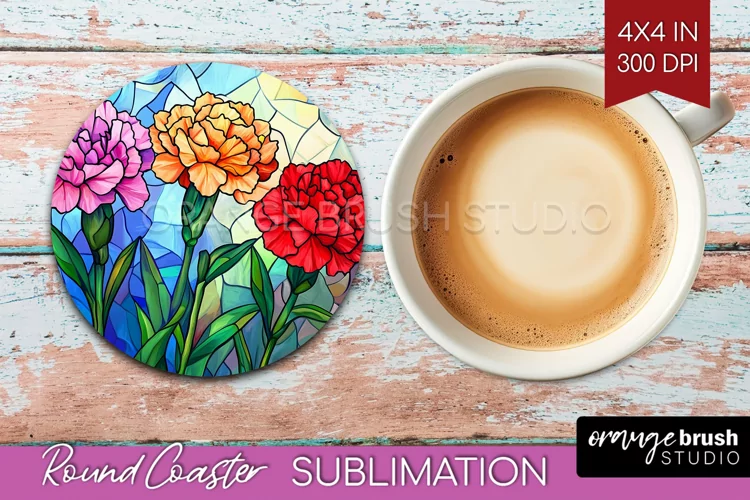 Stained Glass Flowers Round Coaster - Floral Coaster PNG