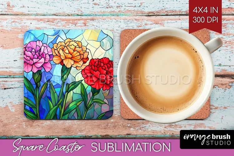 Stained Glass Flowers Square Coaster - Floral Coaster PNG